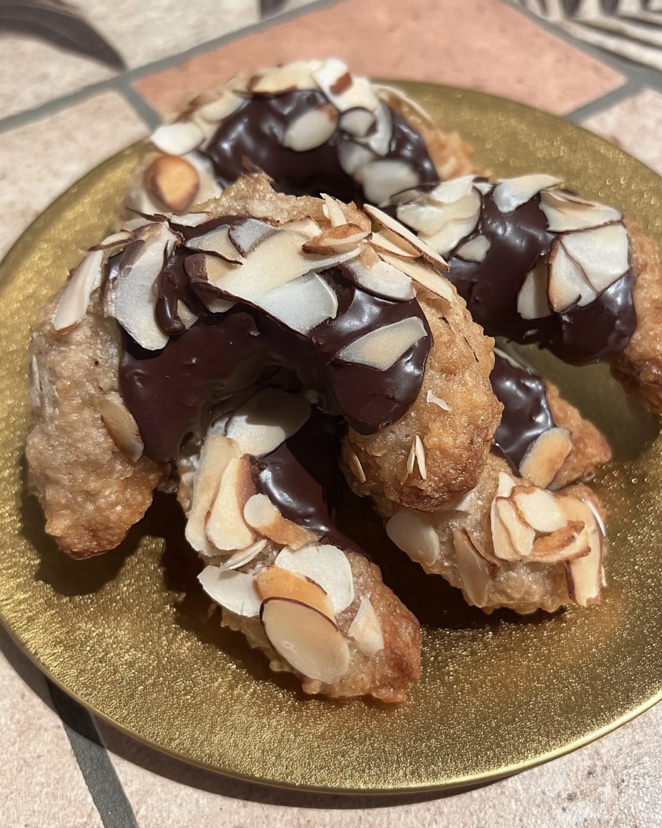 Almond horns stored inside a large glass cookie jar