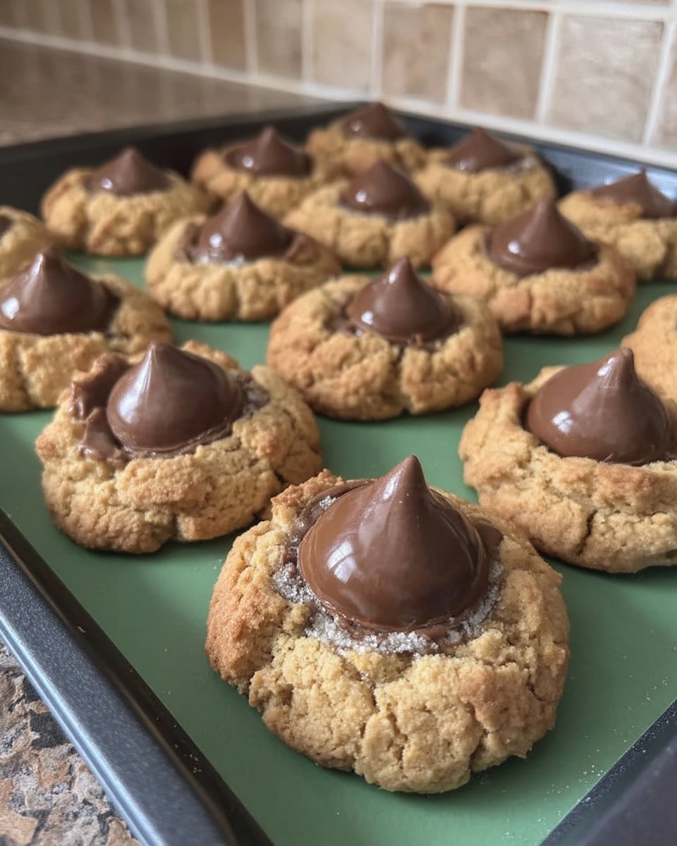 Peanut butter blossom cookies on a baking sheet with chocolate kisses being pressed in