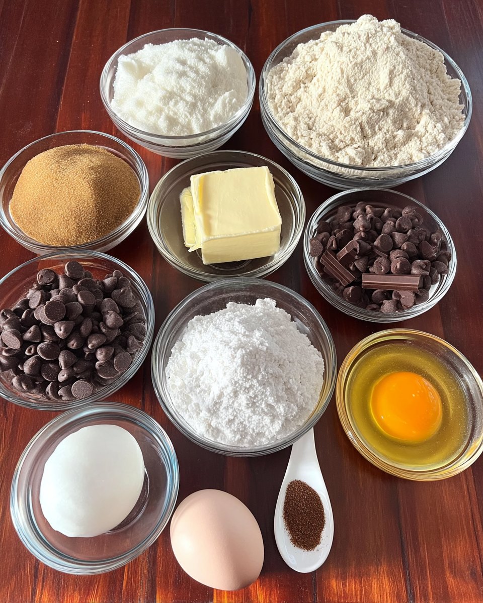 Ingredients for no chill cookies including butter sugar and chocolate chips
