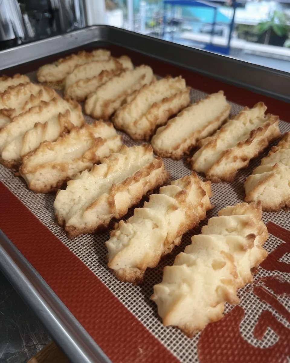 Ingredients for spritz cookies including butter sugar flour and almond extract