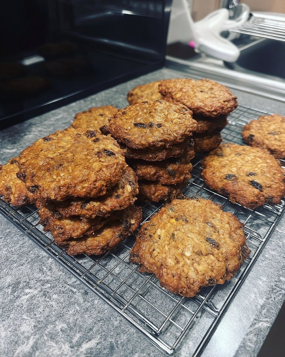 Close up of a broken oatmeal raisin cookie showing chewy texture