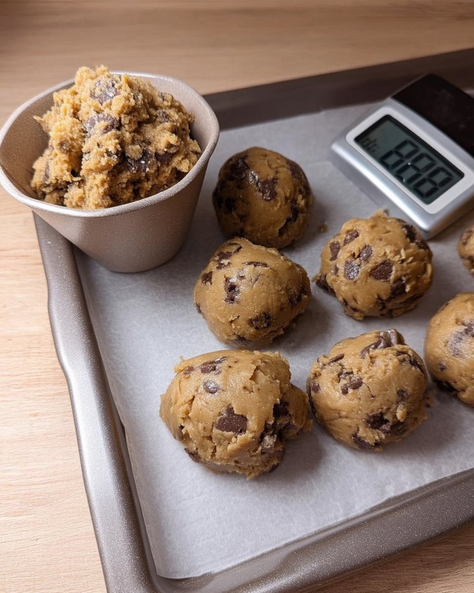 Large balls of Biscoff cookie dough chilling in a container to improve texture.