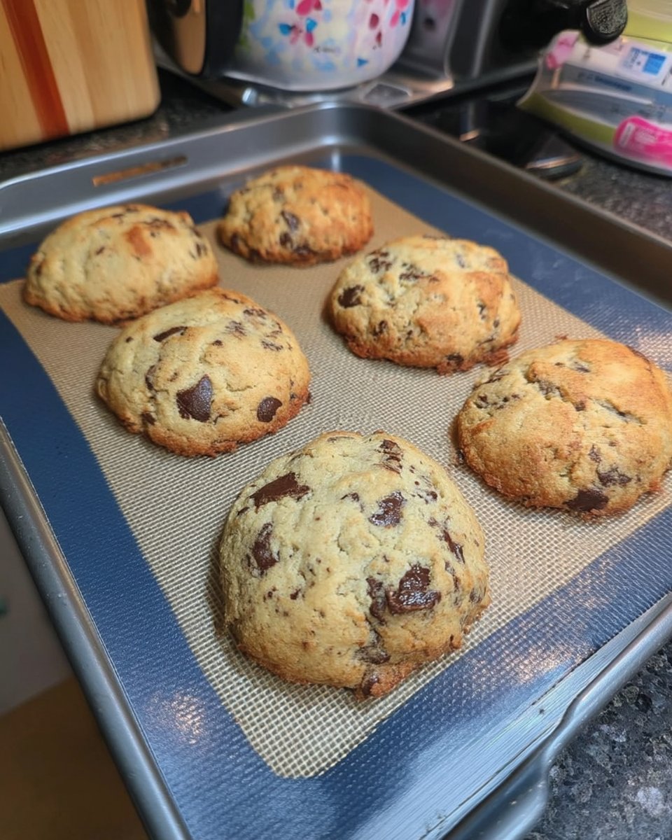 Stack of chocolate chip cookies next to a glass of milk and a cookie jar