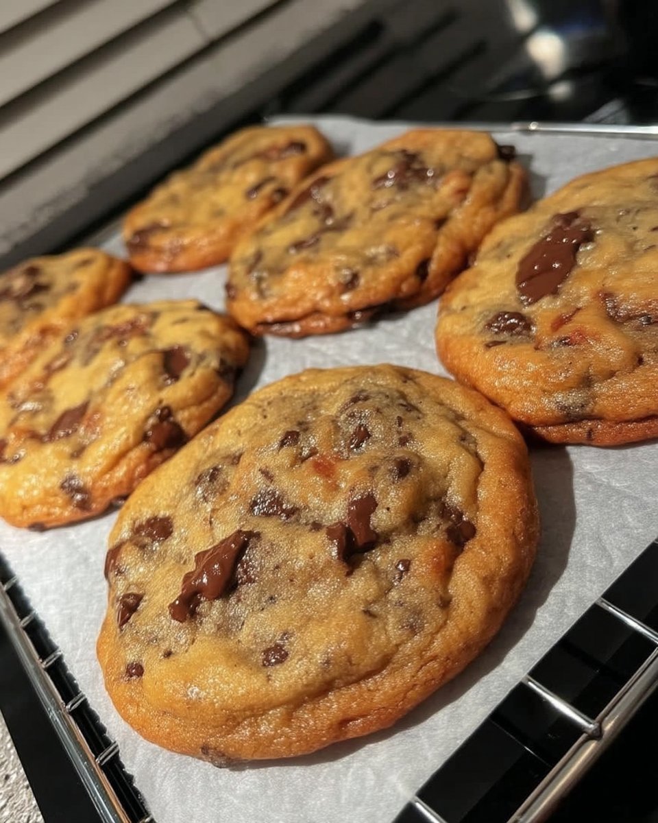 Warm chocolate chip cookies served with a glass of milk