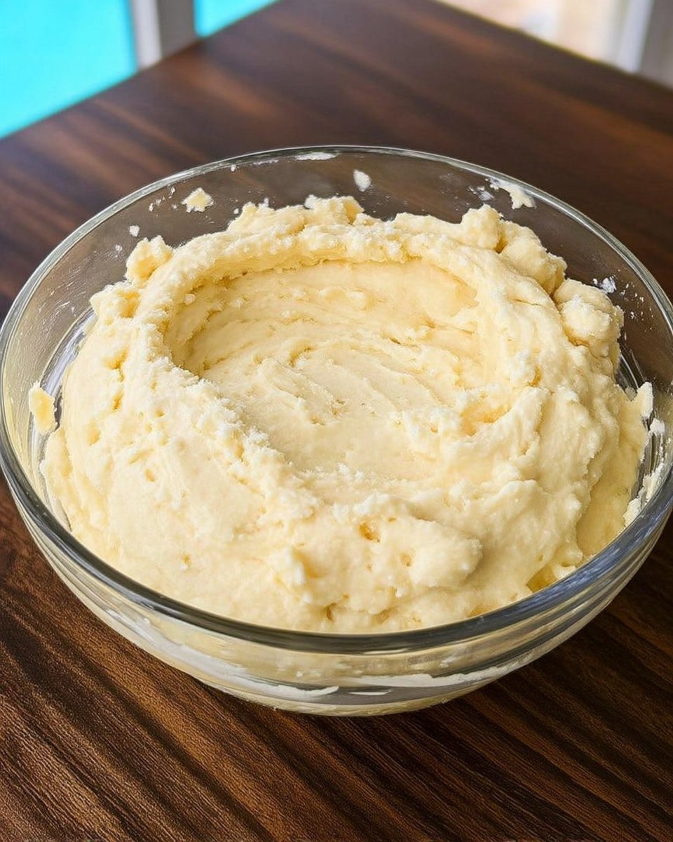 Ingredients for spritz cookies including butter cream cheese and flour on a wooden table