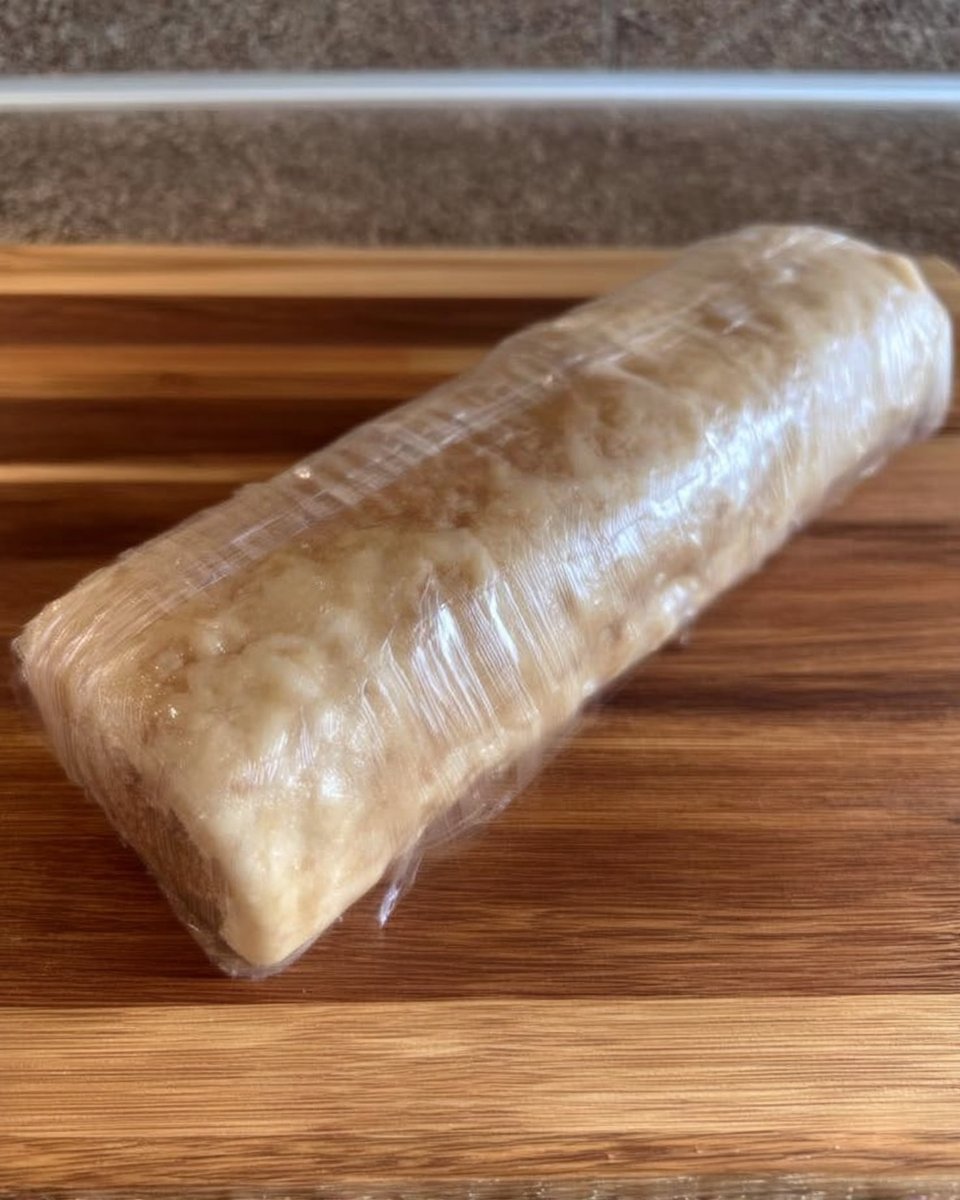 Shortbread dough rolled into a log on a floured surface