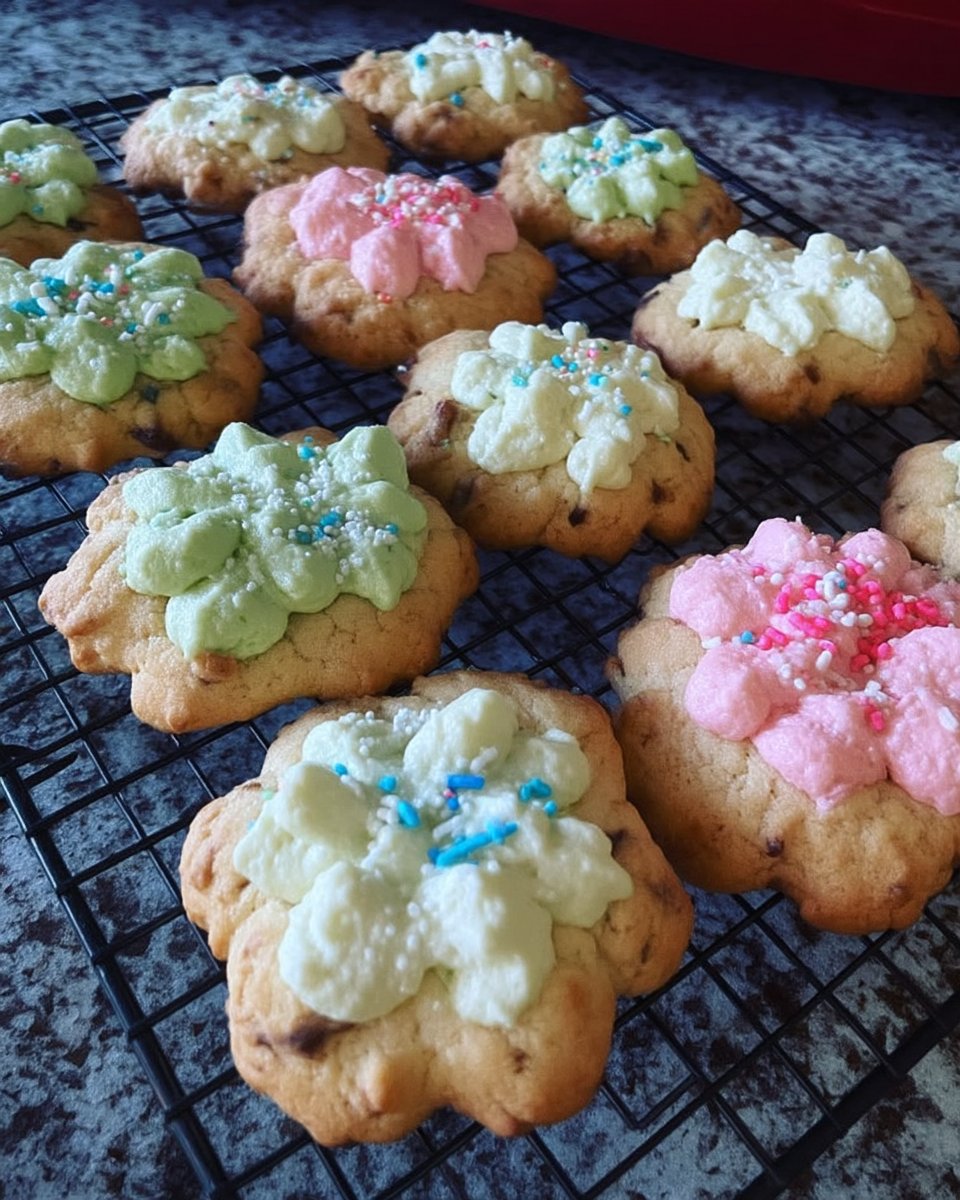 Baked spritz cookies dipped in chocolate and sprinkles on a holiday platter