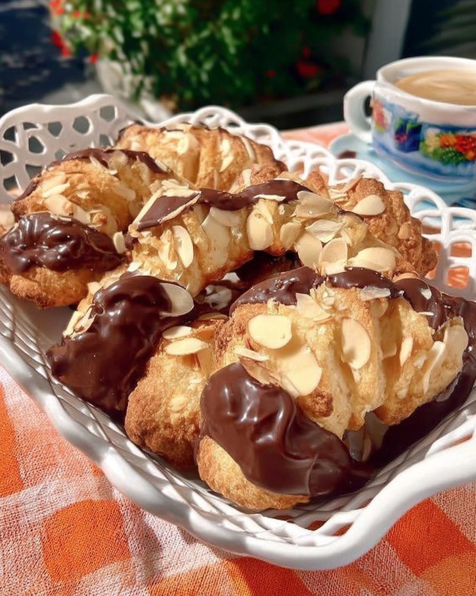 Dipping the ends of an almond horn into melted chocolate