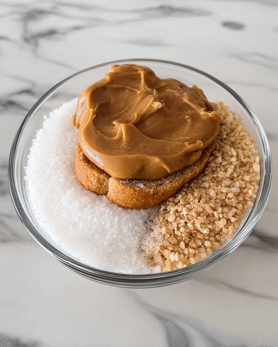 Ingredients for flourless peanut butter cookies including peanut butter sugar and egg