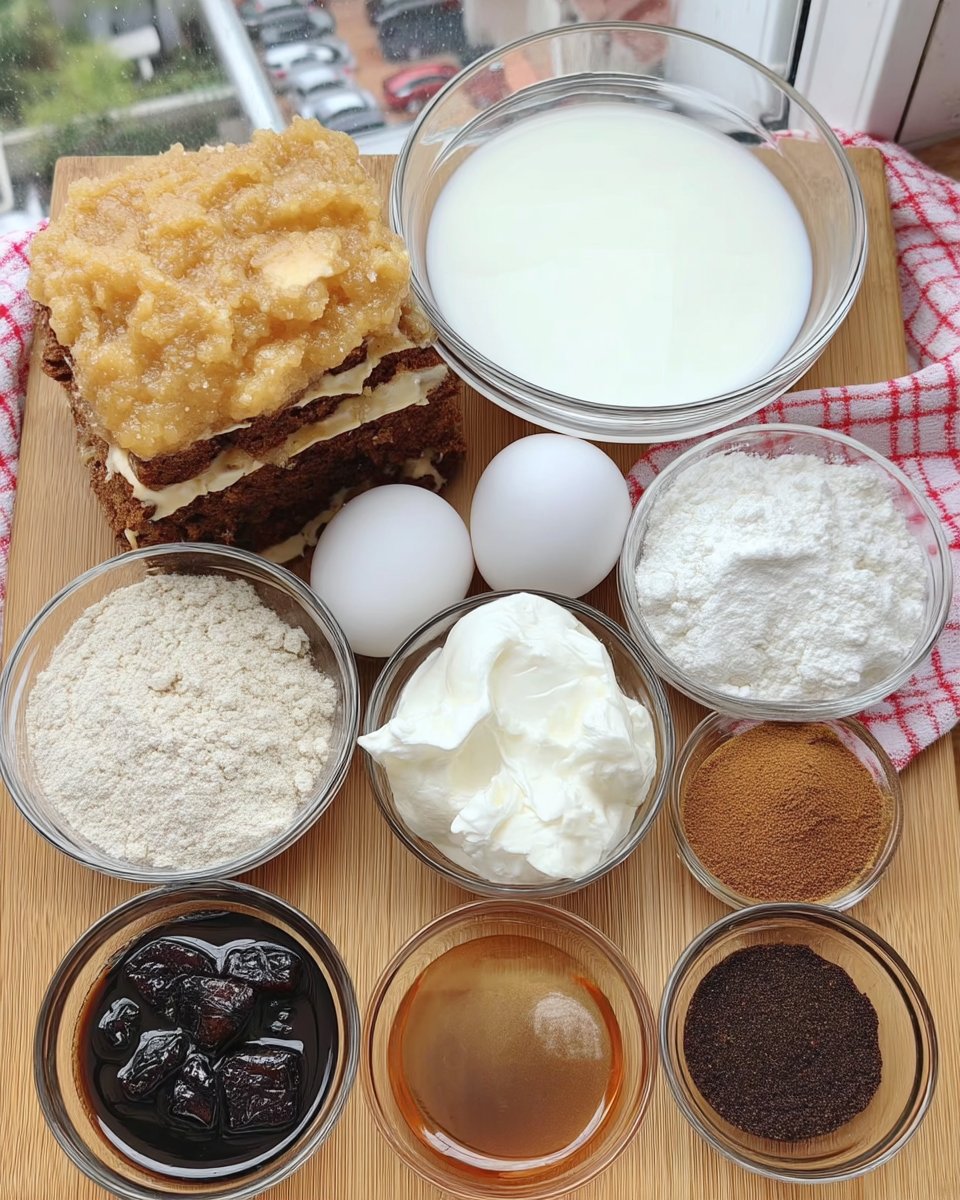 Ingredients for gingerbread including spice cake mix and molasses