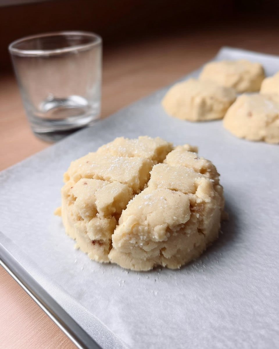 Pressing cookie dough with a glass dipped in sugar