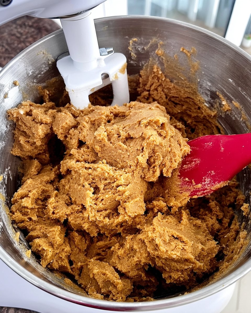 A wooden spoon mixing white chocolate chips and macadamia nuts into a thick cookie dough