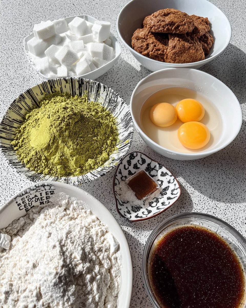 Ingredients for matcha cookies including matcha powder, butter, and white chocolate chips