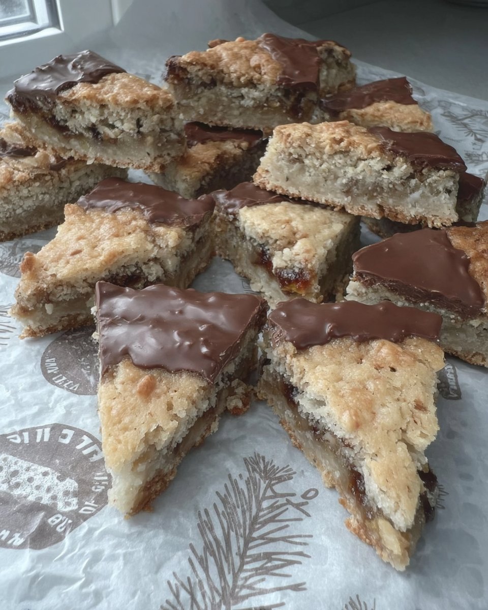 Finished Nussecken cookies stacked on a vintage platter