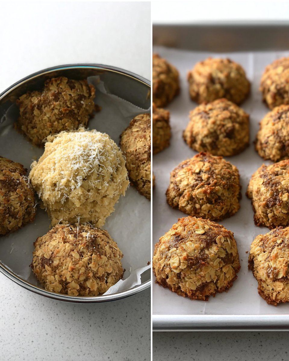 Simple ingredients for oatmeal cookies including rolled oats, brown sugar, and real butter