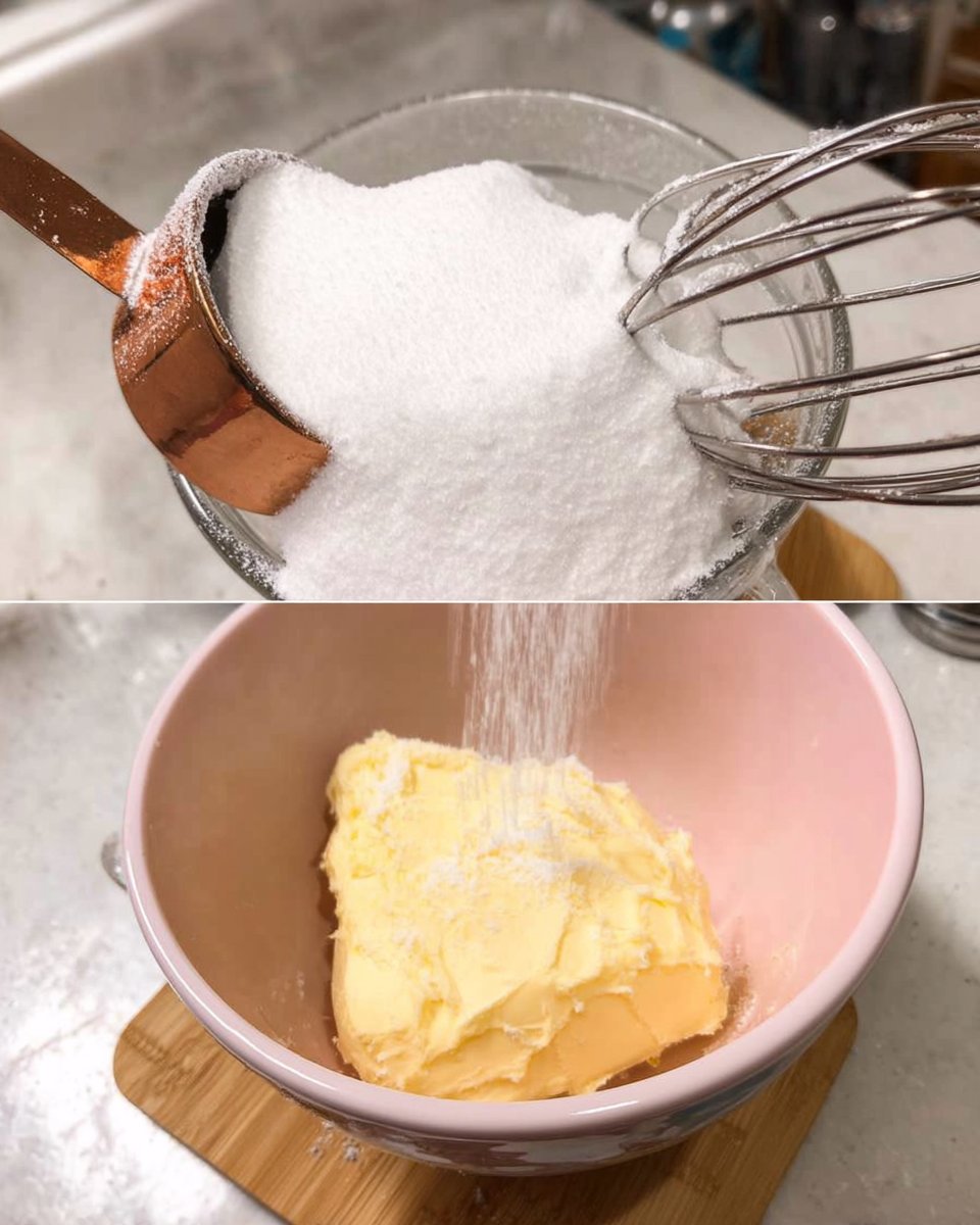 Simple pantry ingredients like flour, sugar, butter, and vanilla arranged on a wooden table.