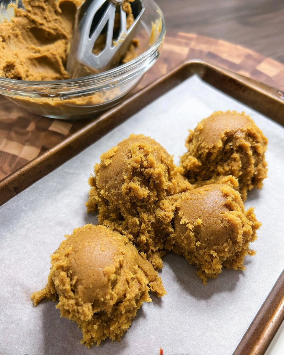 Cookie dough balls rolled in sugar on a parchment-lined baking sheet.
