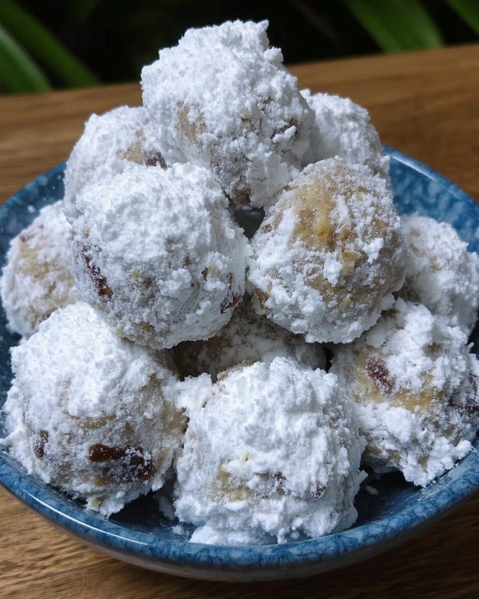 Finished pecan snowballs arranged on a festive holiday platter