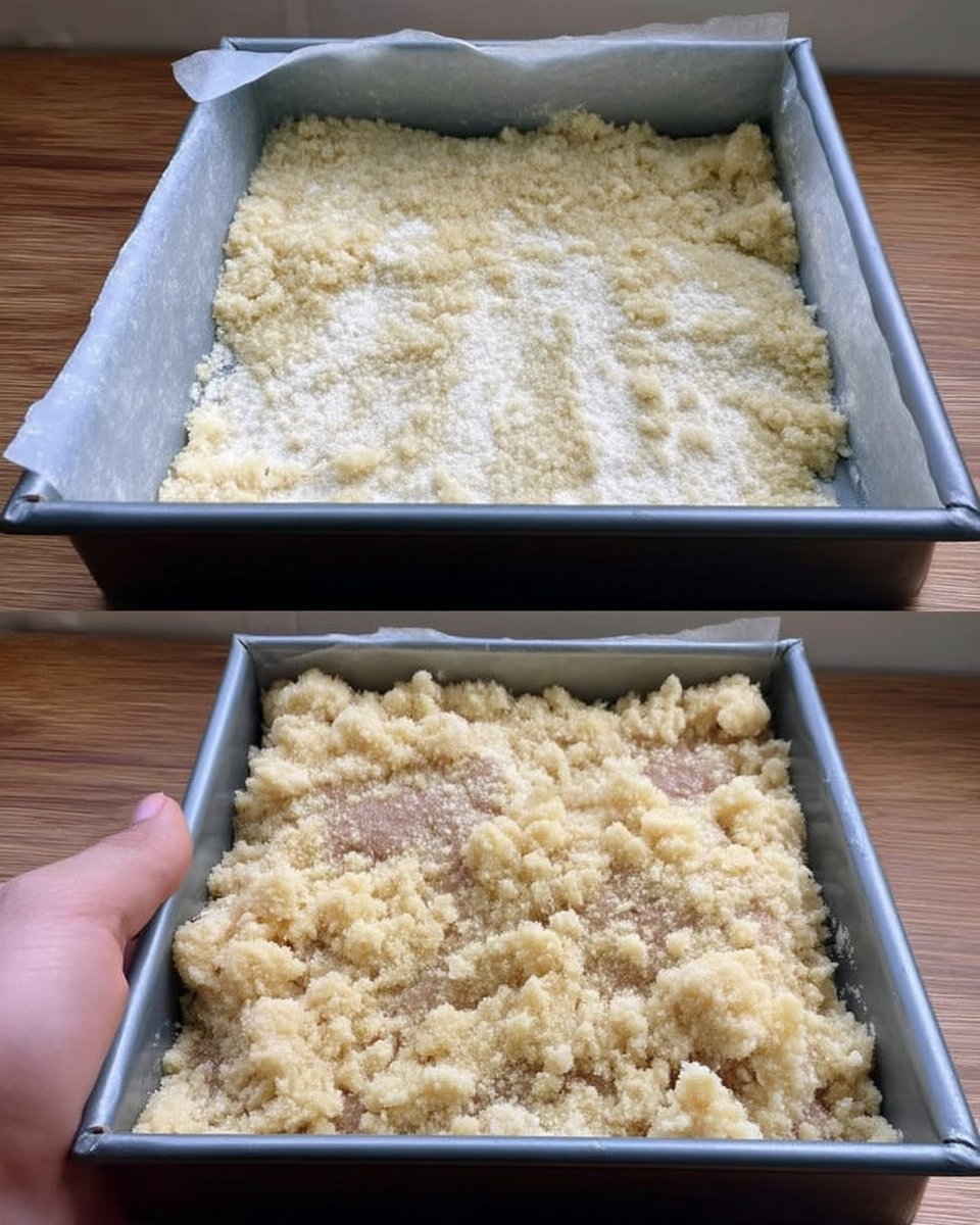Fork pricking raw shortbread dough in square pan