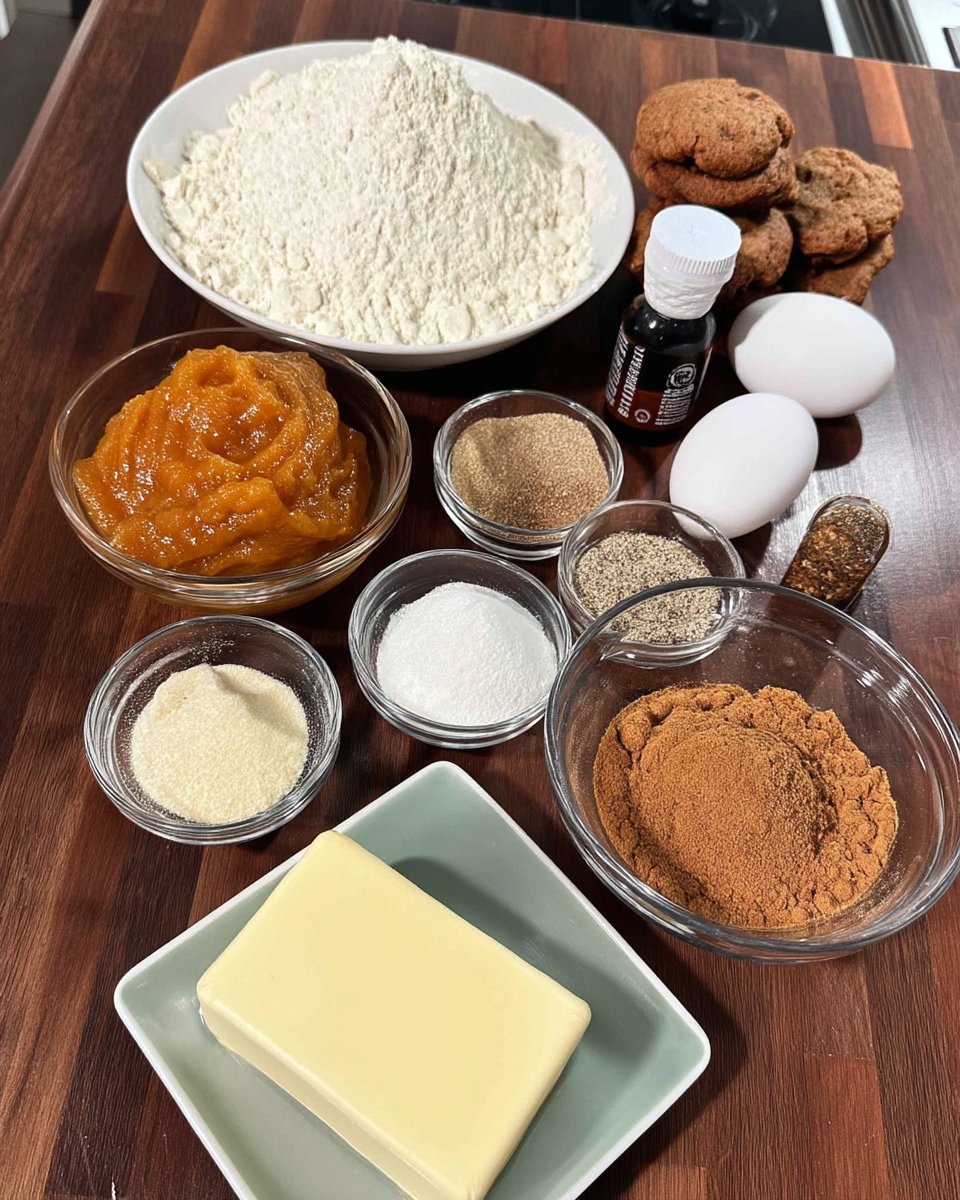 Ingredients for pumpkin pie cookies including puree flour and spices