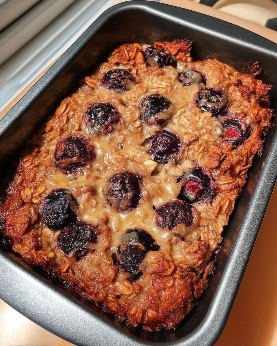 Slice of banana baked oatmeal in a vintage bowl with milk