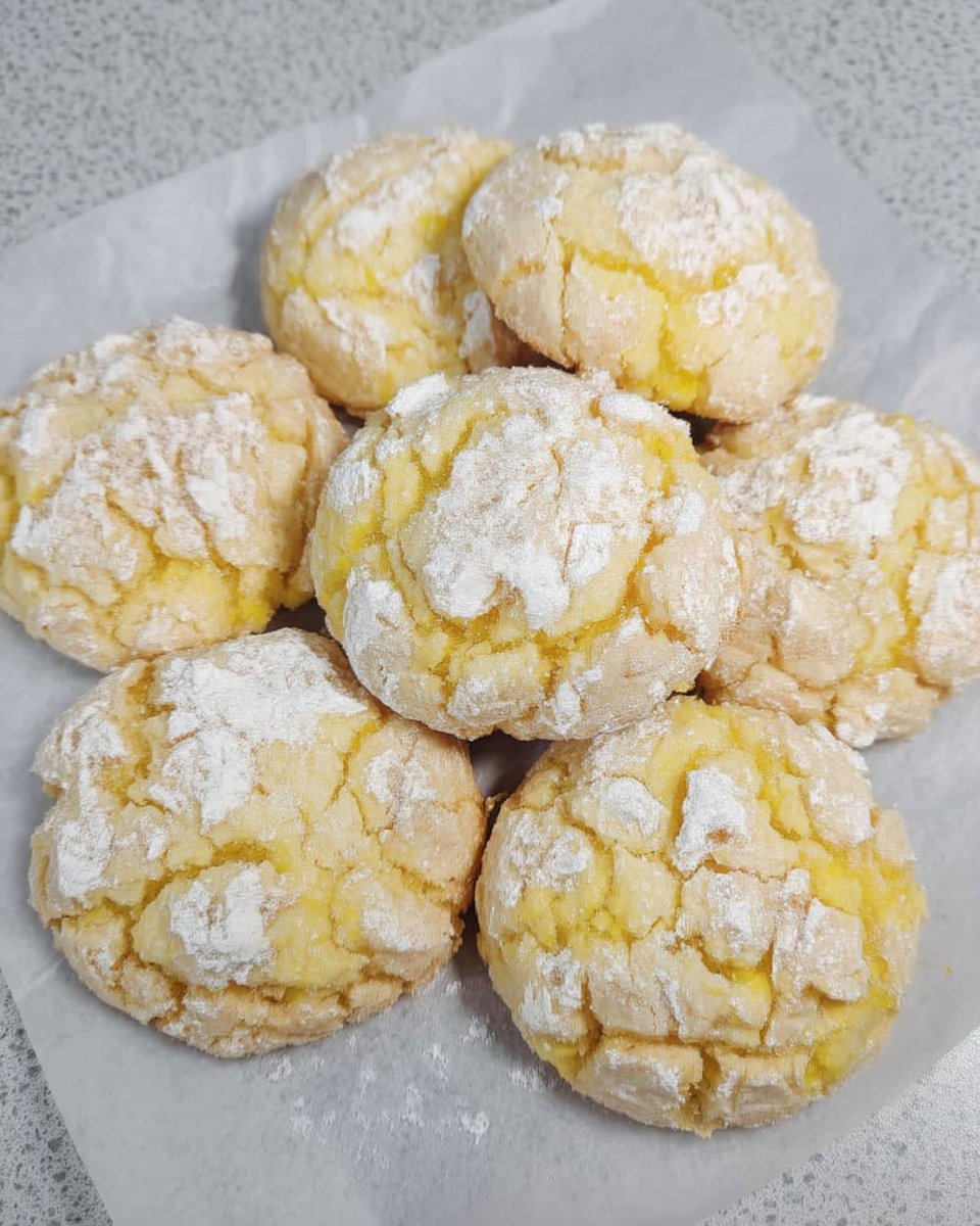 A white platter filled with bright yellow lemon crinkle cookies