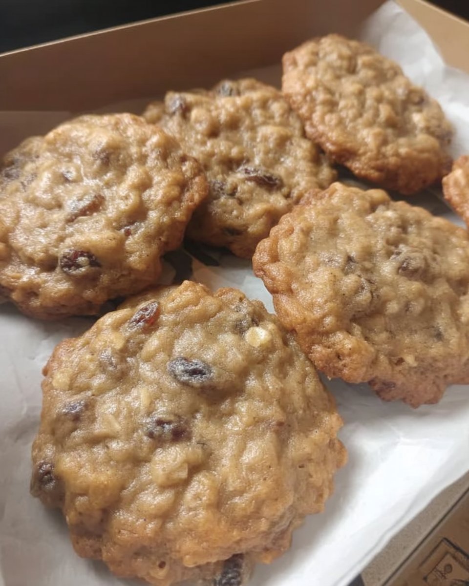 Oatmeal raisin cookies on a plate with a glass of milk