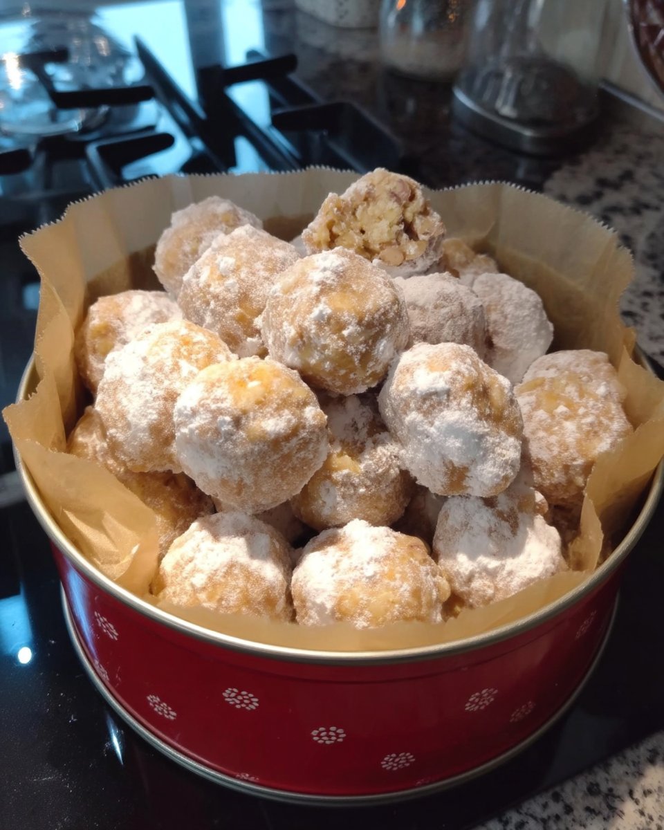 A close up of a pecan snowball cookie bitten into, showing the nutty interior.
