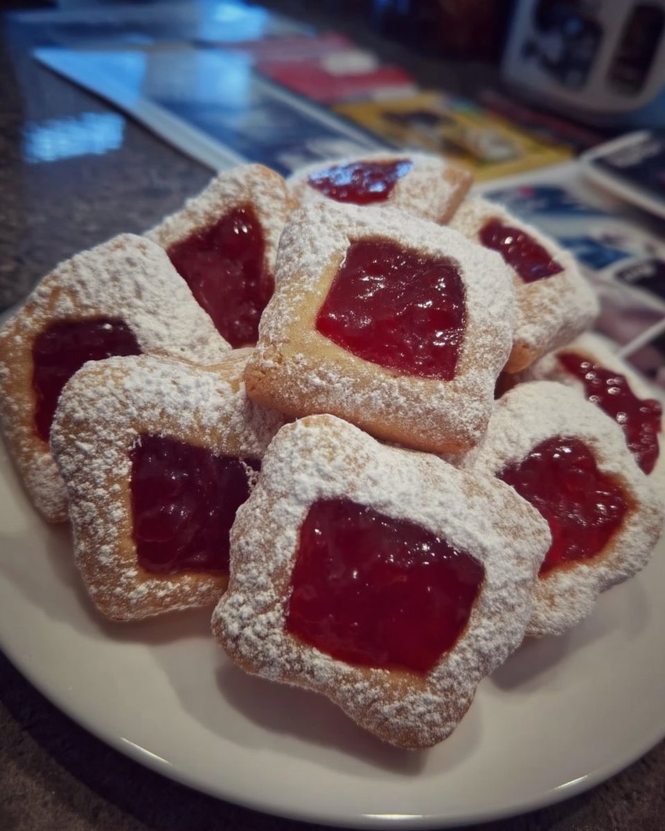 A platter of sugar-dusted Spitzbuben cookies with bright red jam centers