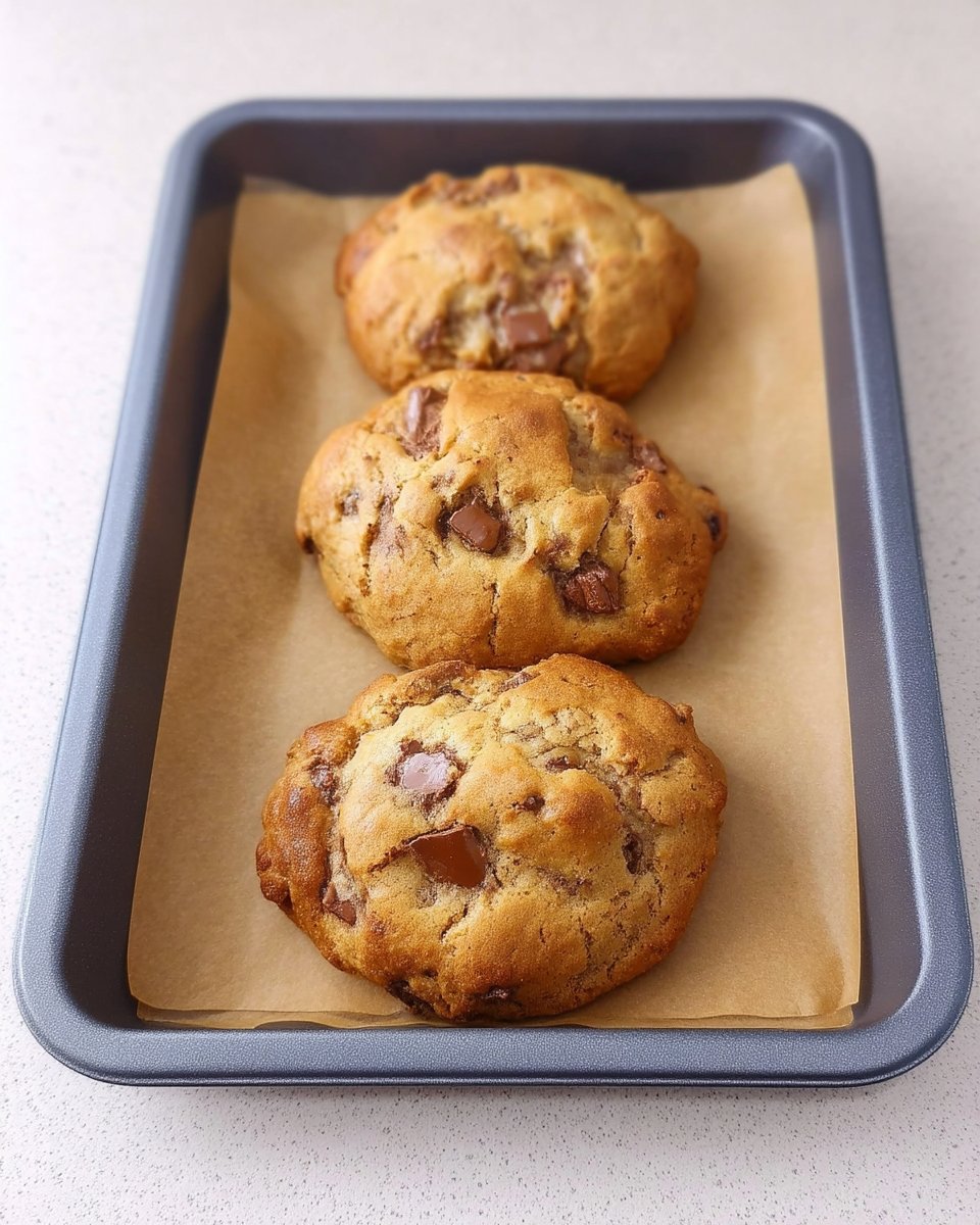 Warm chocolate chip cookies served with a glass of milk
