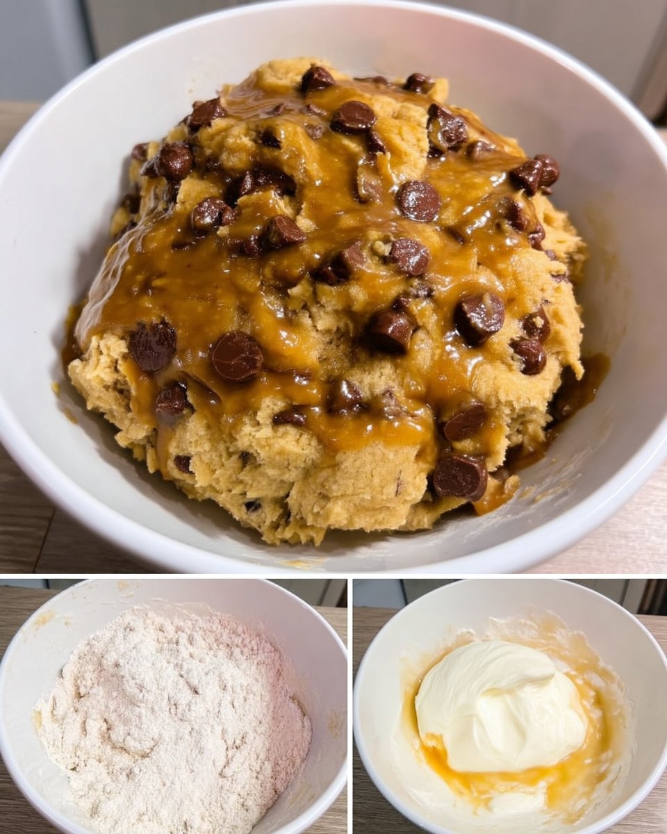 Ingredients for chocolate chip cookies including butter sugar and flour on a counter