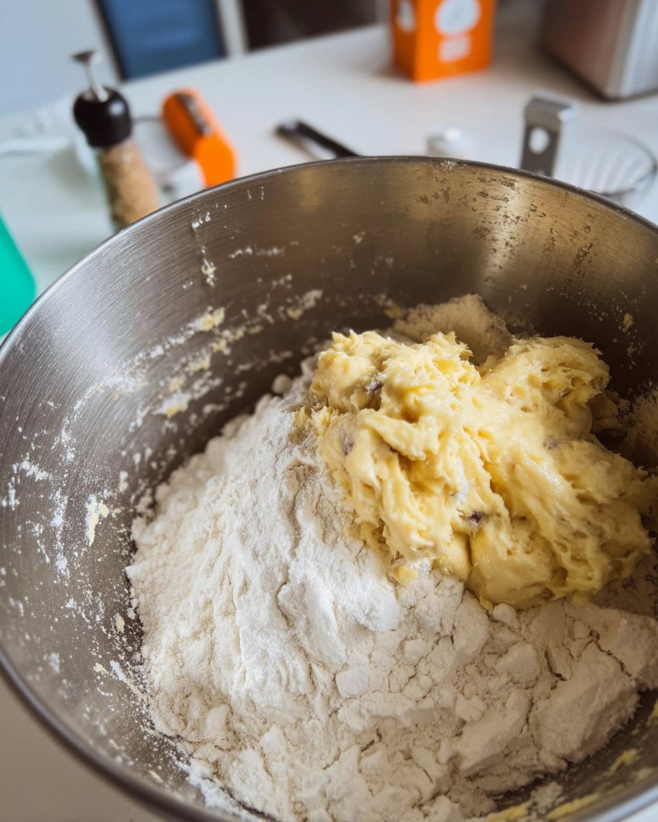 Bowls of flour, sugar, butter, and chocolate chips on a wooden counter.