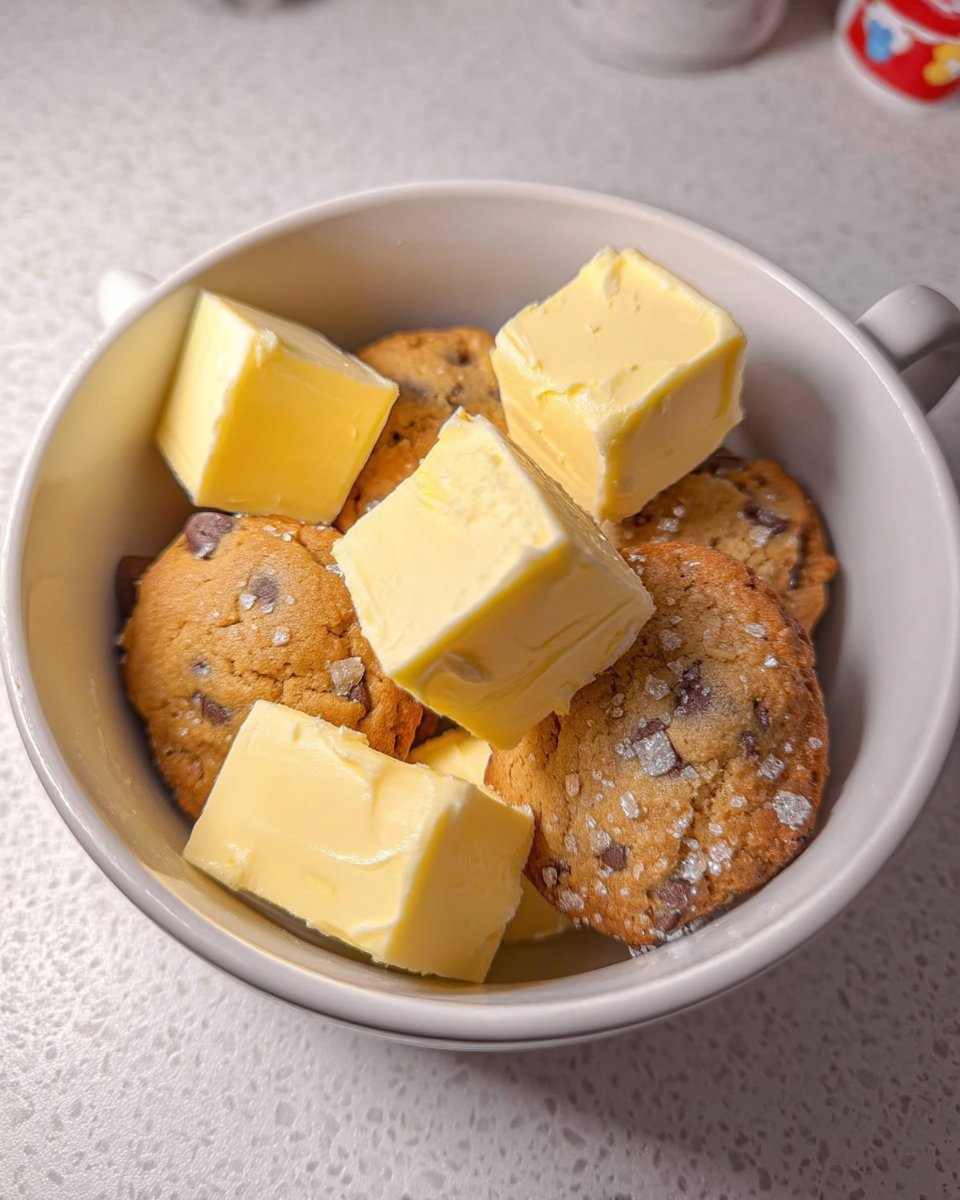 Ingredients for thick chocolate chip cookies including butter and flour