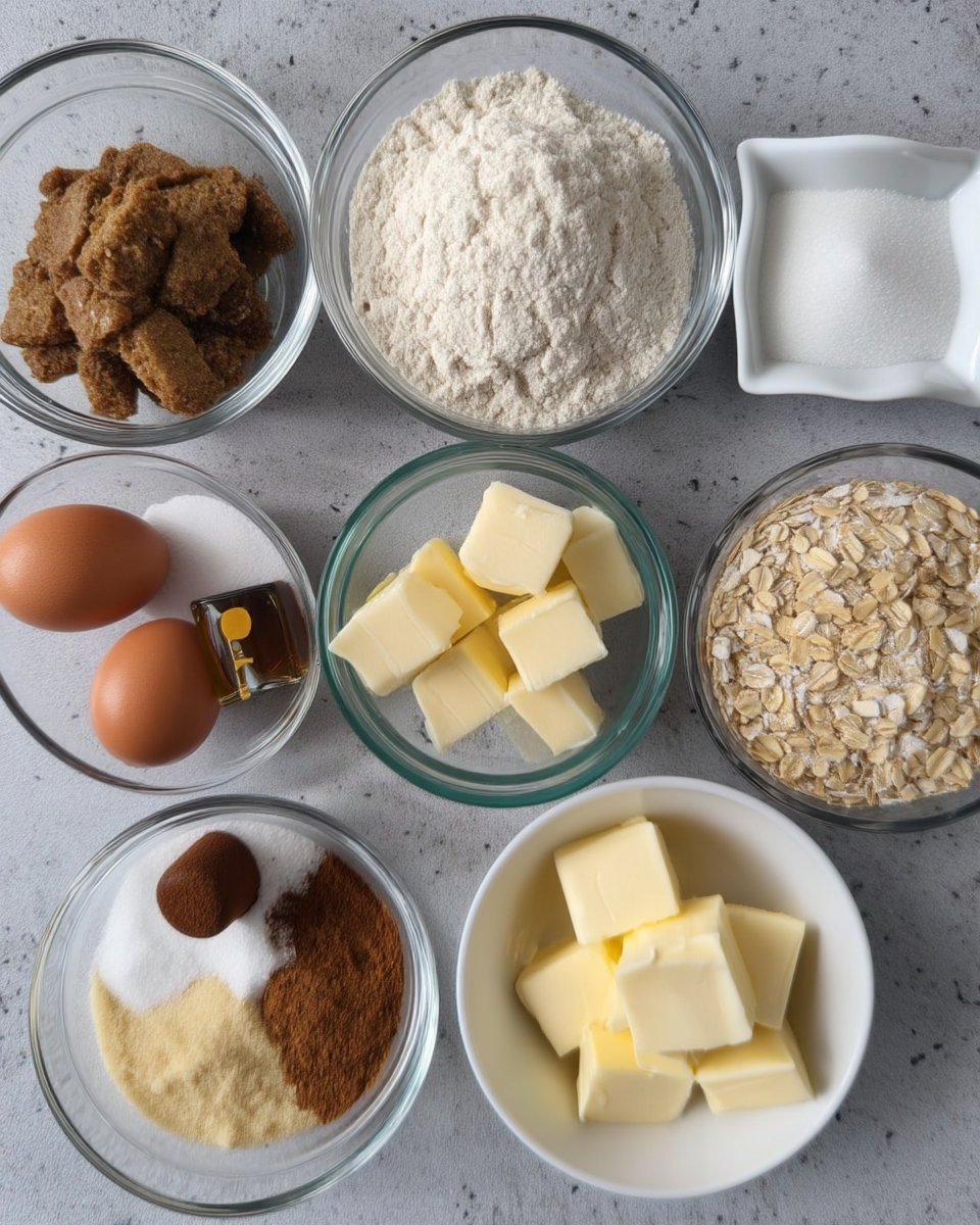Ingredients for chewy oatmeal cookies including oats and molasses
