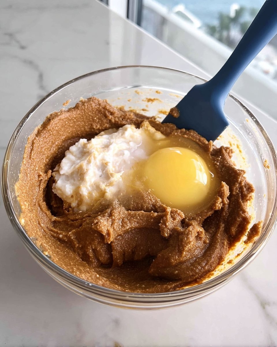 Jar of peanut butter white sugar and one egg on a kitchen counter