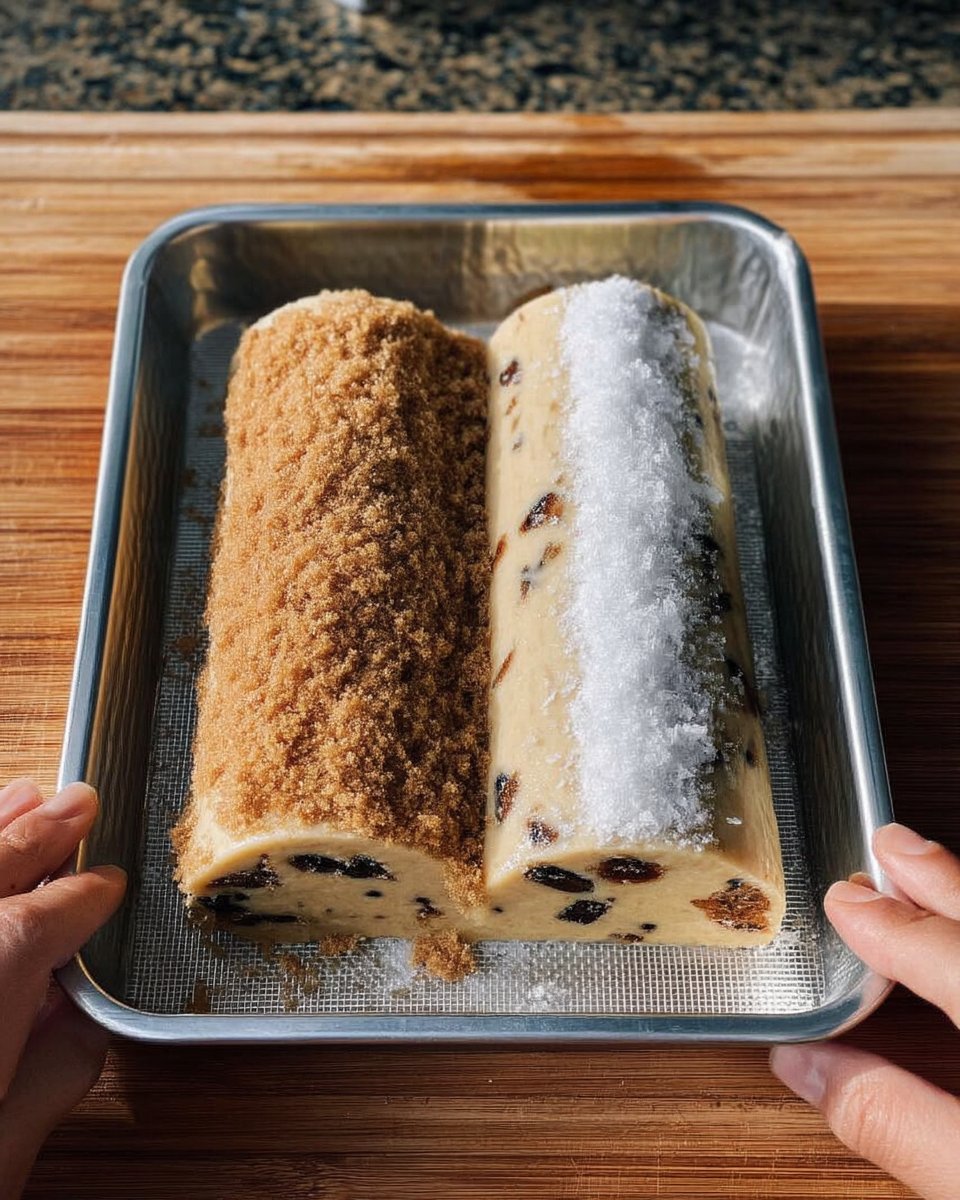 Slicing a chilled log of cookie dough with a sharp knife