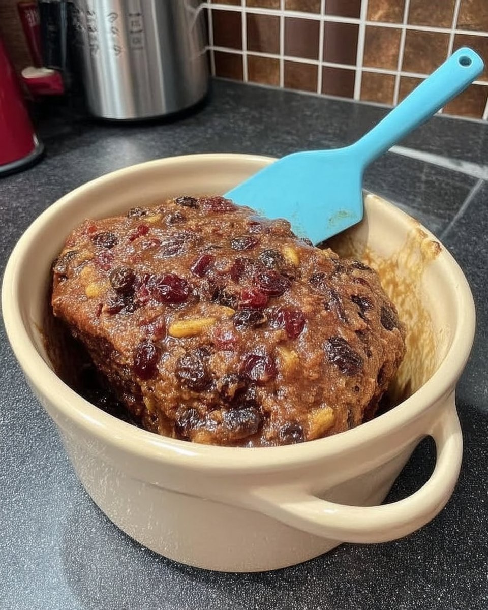 Dried fruit soaking in dark tea and sugar in a large glass mixing bowl