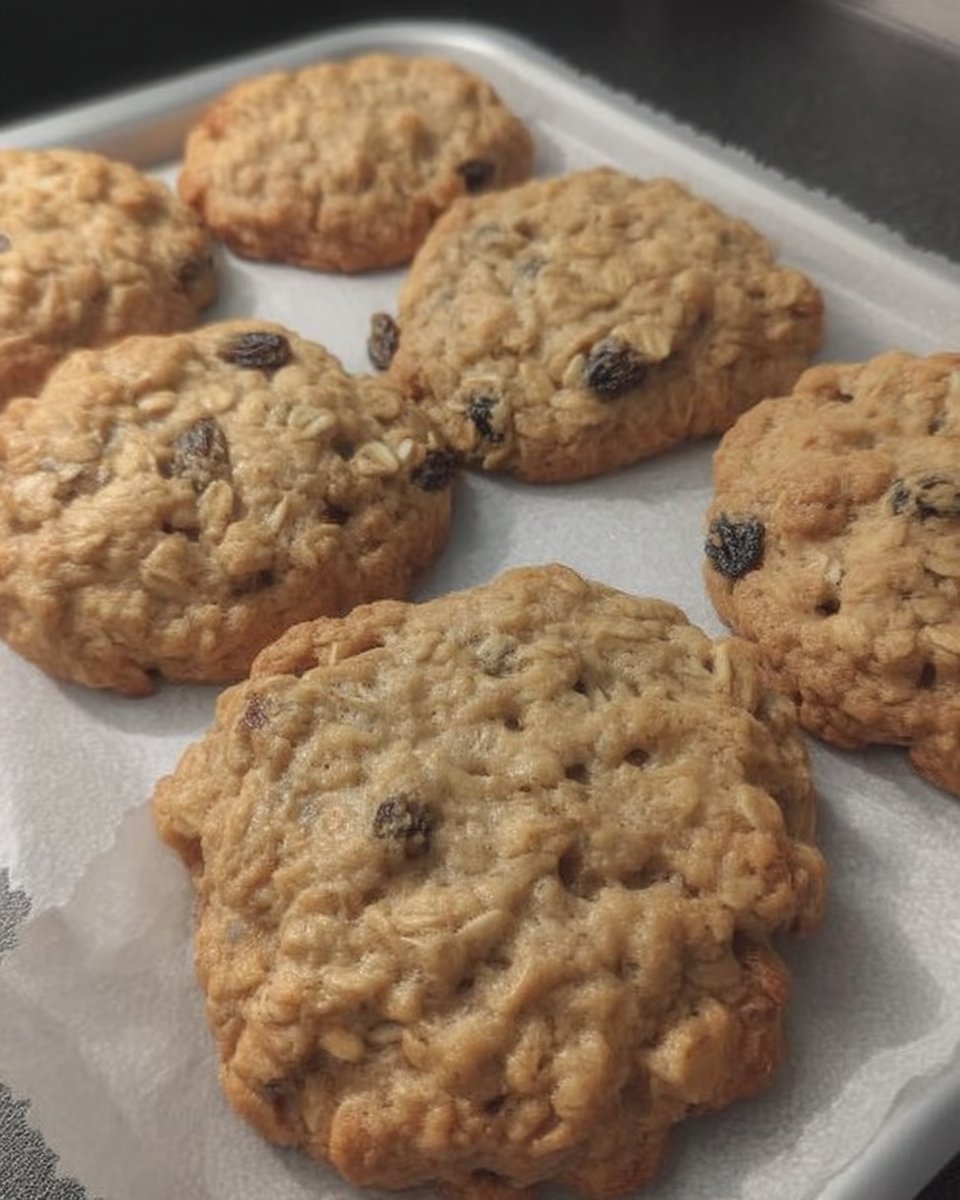 Soft chewy oatmeal raisin cookies stacked in a vintage cookie jar