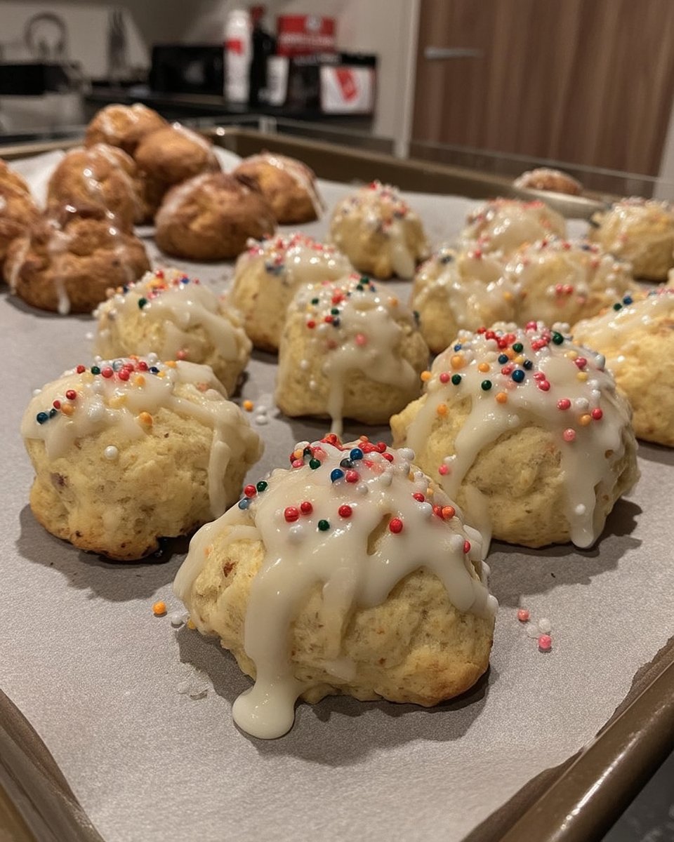 Soft italian christmas cookies with white glaze and sprinkles on a plate