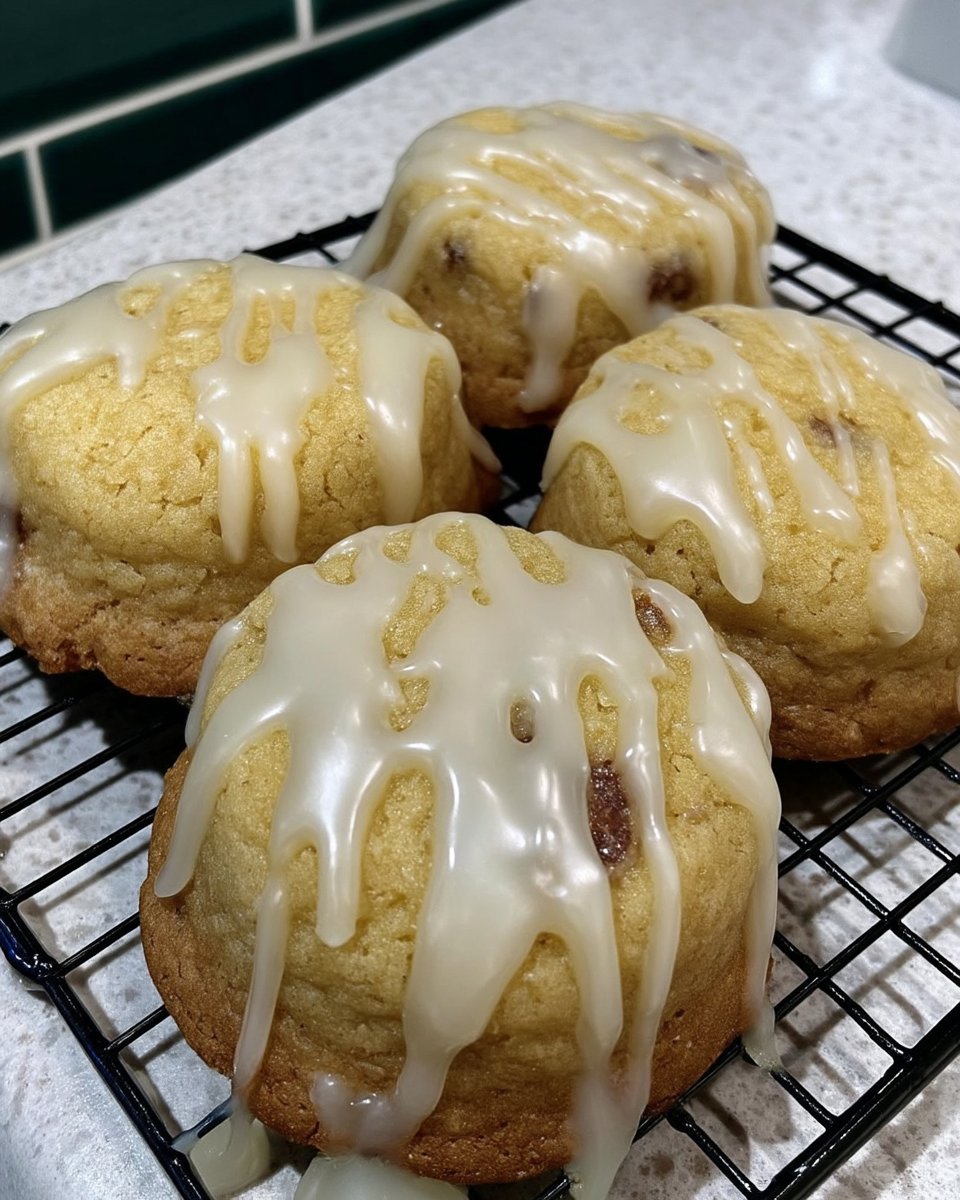 Soft lemon glazed cookies stacked inside a vintage glass cookie jar