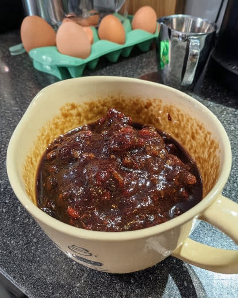 Dried mixed fruit soaking in dark tea and muscovado sugar in a ceramic bowl