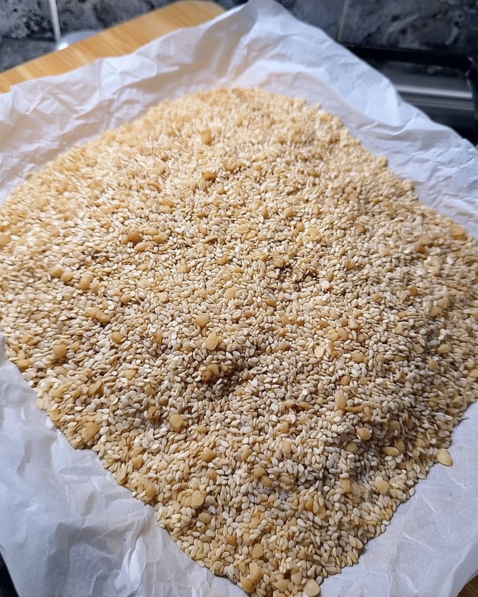 Golden toasted sesame seeds on a baking sheet