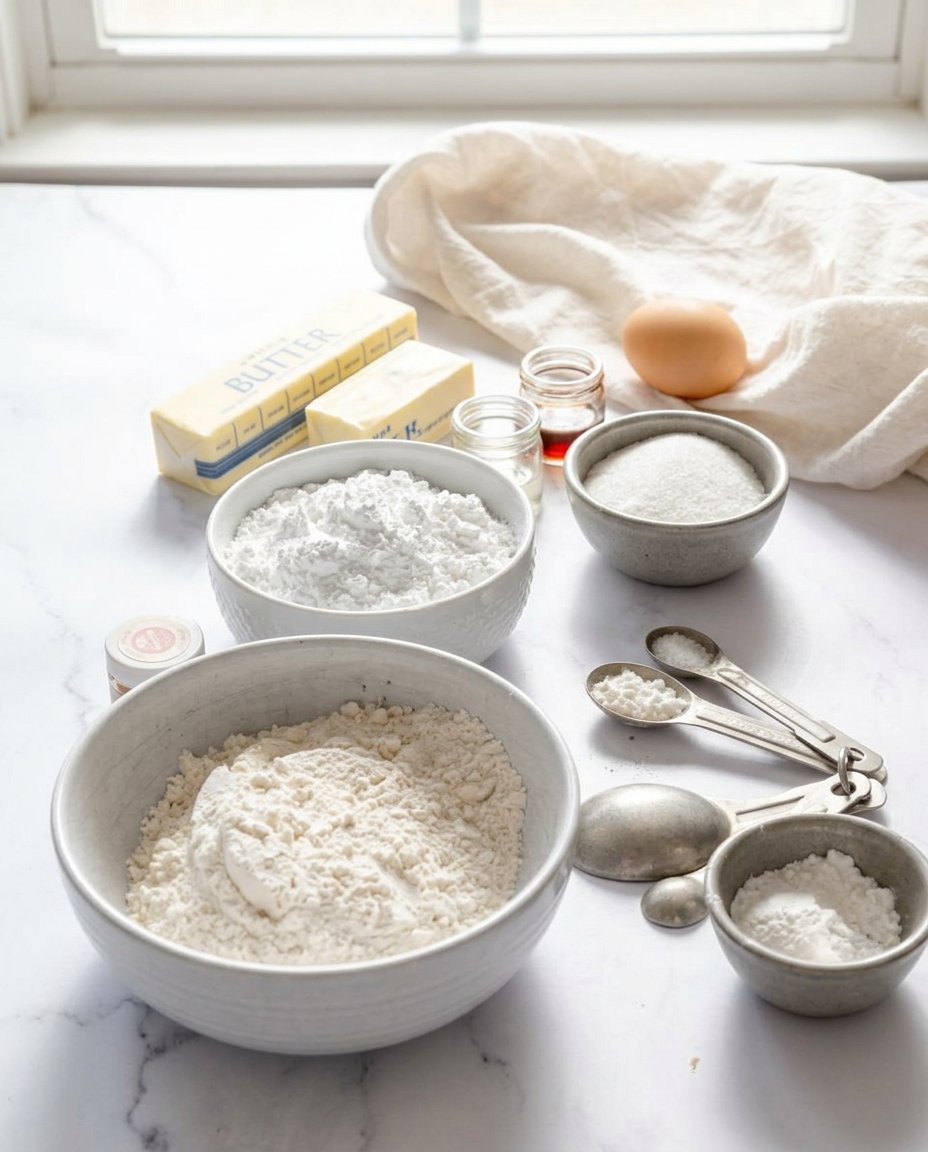 Baking ingredients for pignoli cookies including almond paste and pine nuts