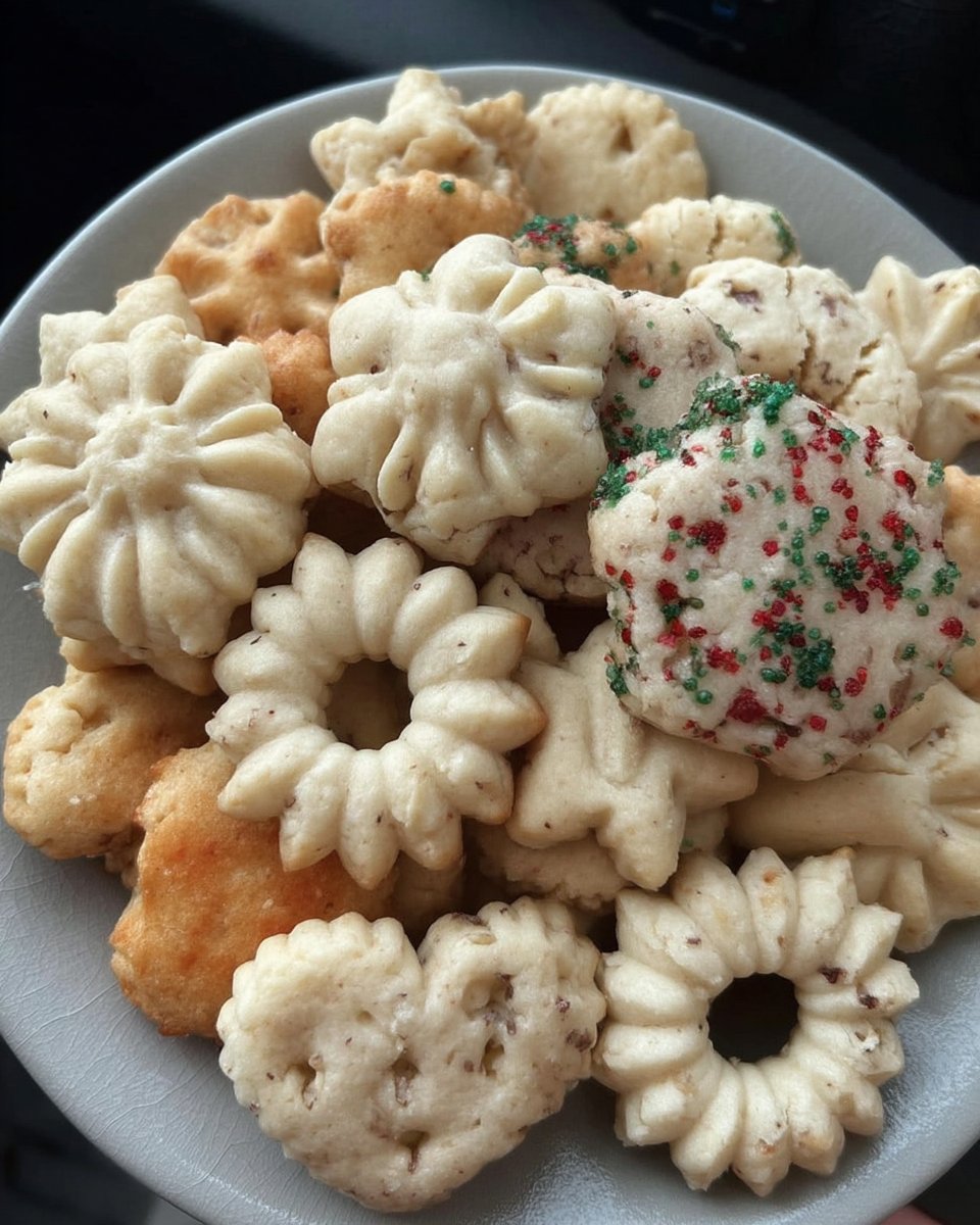 A glass cookie jar filled with various shapes of almond spritz cookies on a lace tablecloth