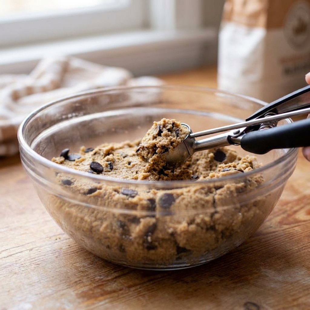 Close up of crispy chocolate chip cookies baking on a parchment lined sheet showing golden edges.