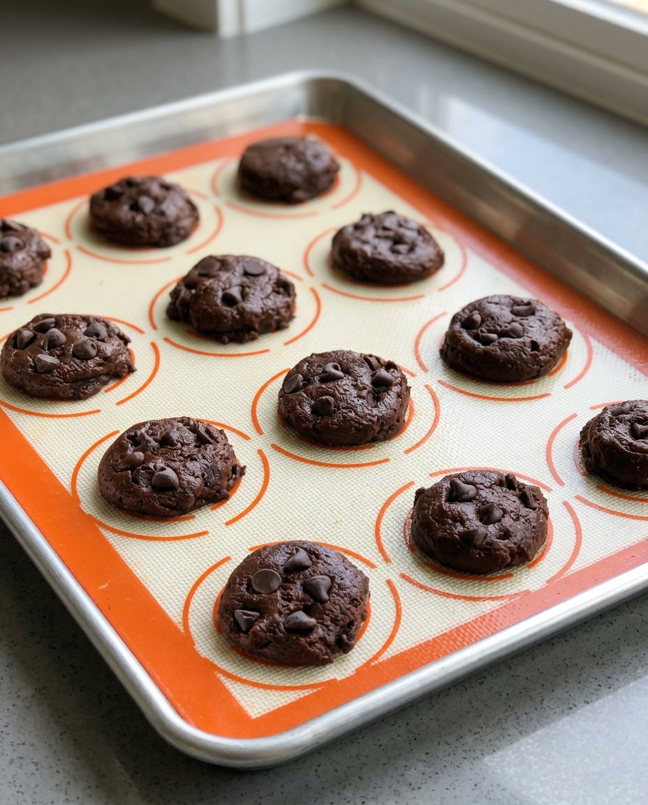 Freshly baked Nutella cookies cooling on a metal baking sheet.