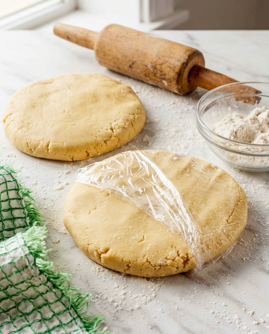 Shortbread dough pressed into round cake pans before baking