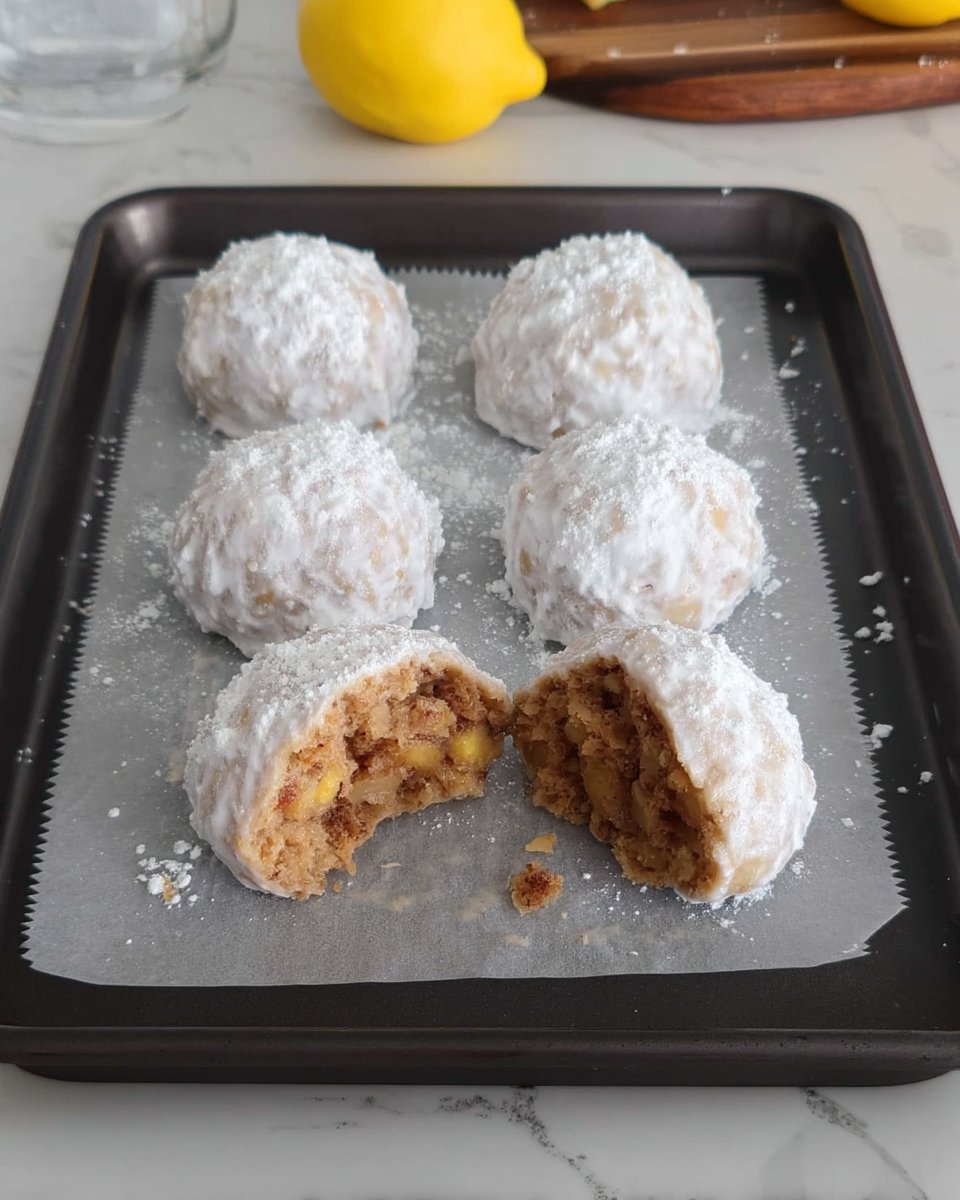 Snowball cookies on a baking sheet before and after the first sugar roll