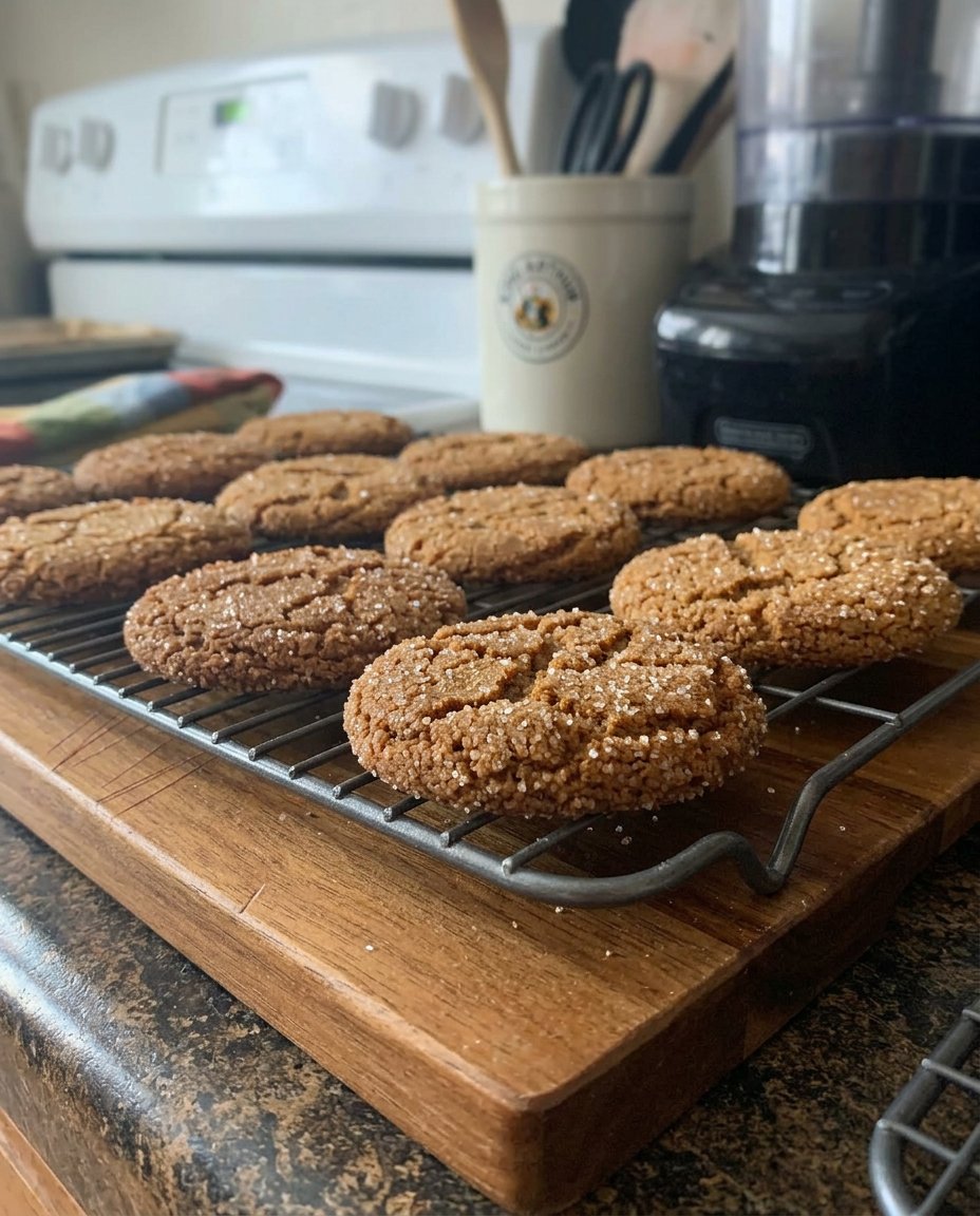 Freshly baked ginger cookies on a parchment lined baking sheet