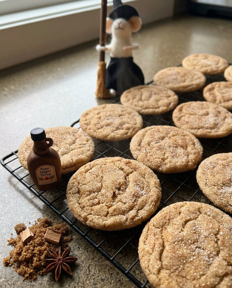 Freshly baked maple snickerdoodles on a parchment lined baking sheet